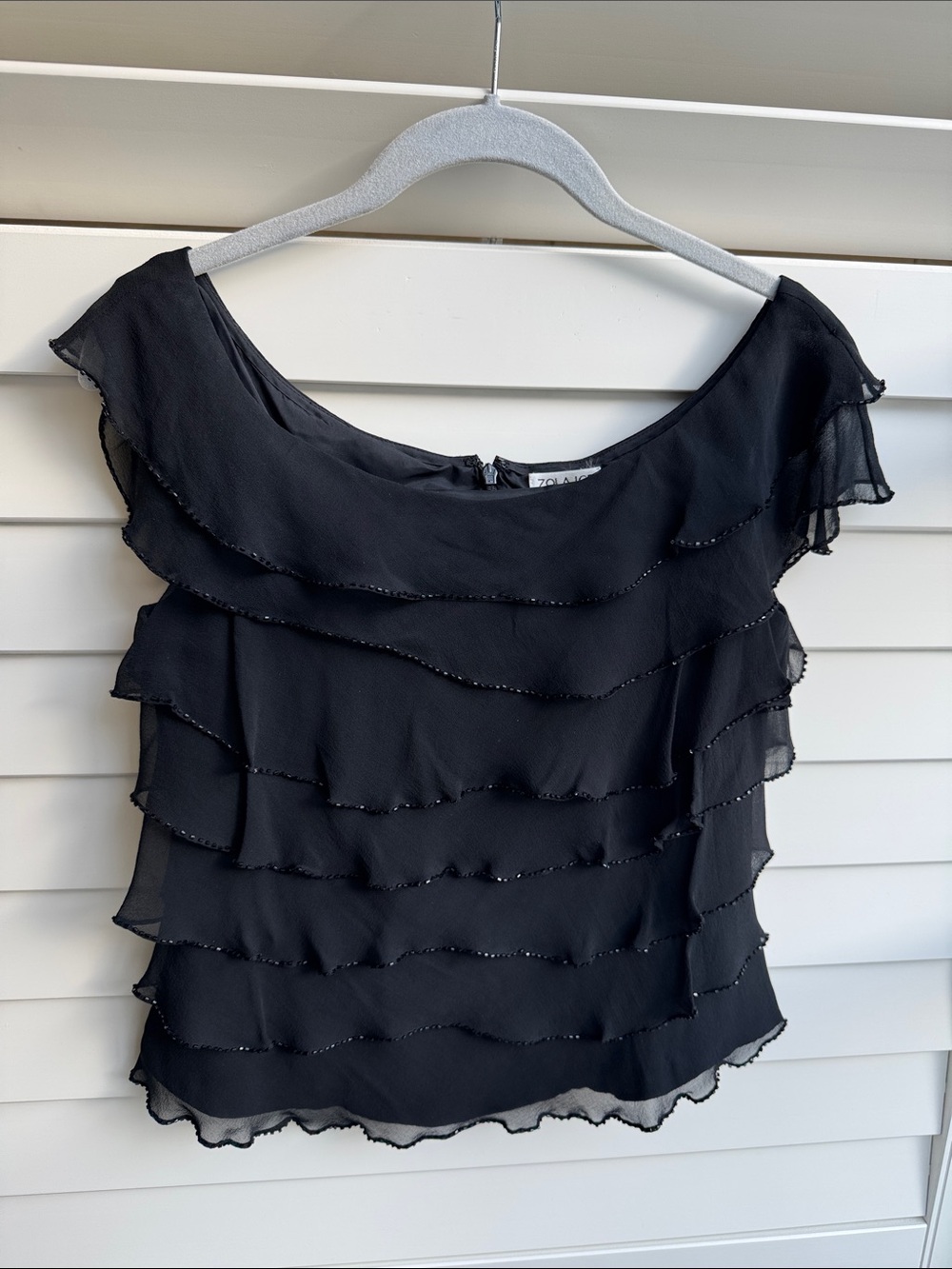 Zola Ice | Black Silk Tiered Ruffle Beaded Blouse Top | 4